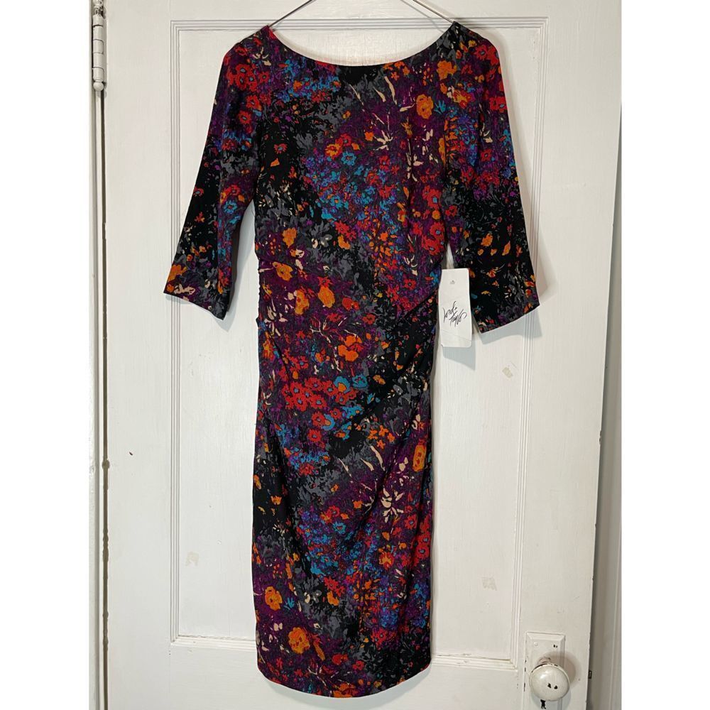 LORD & taylor ruched 3/4 sleeve floral watercolor‎ print midi dress multi-Color